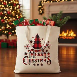 Merry Christmas Buffalo Plaid Christmas Tote Bag