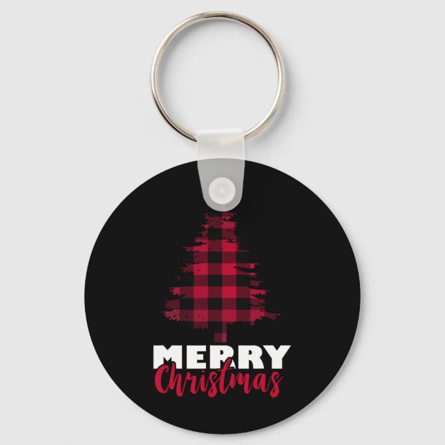 Merry Christmas Buffalo Plaid Christmas Tree Xmas  Key Ring (Front)