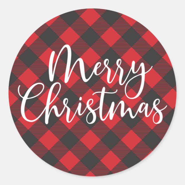 Merry Christmas Buffalo Plaid Classic Round Sticker (Front)