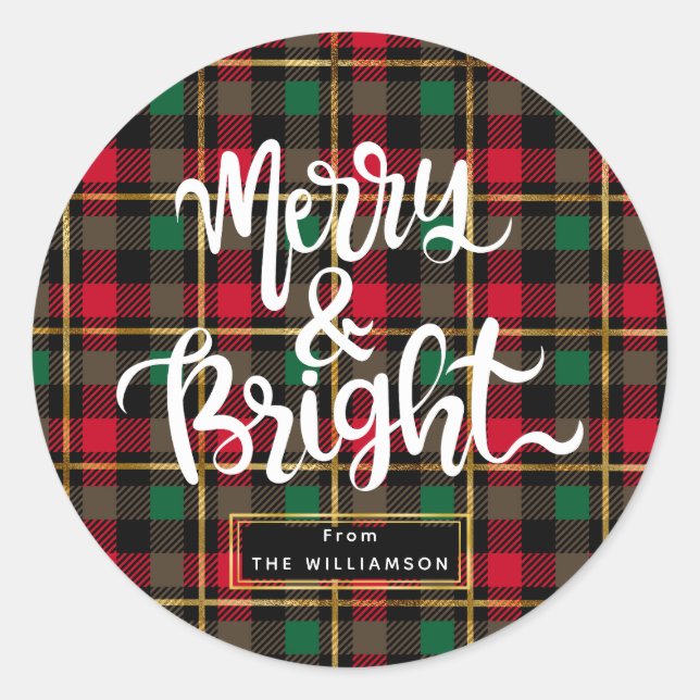 Merry Christmas Buffalo Plaid  Classic Round Sticker (Front)