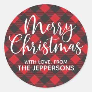 Merry Christmas Buffalo Plaid Classic Round Sticker
