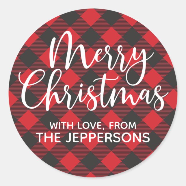 Merry Christmas Buffalo Plaid Classic Round Sticker (Front)