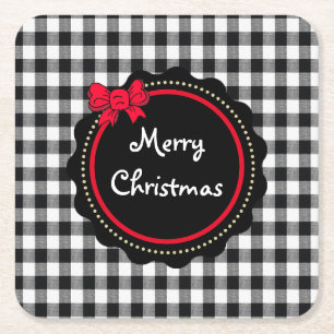 Merry Christmas Buffalo Plaid Country Style Square Paper Coaster