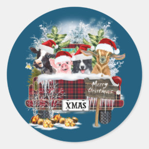 Merry Christmas Buffalo Plaid Cows Pig Collie Dog Classic Round Sticker
