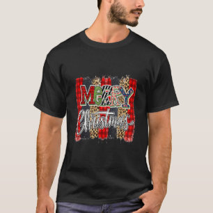 Merry Christmas Buffalo Plaid Leopard Brush Stroke T-Shirt