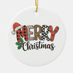 Merry Christmas Buffalo Plaid Leopard Family Love Ceramic Ornament
