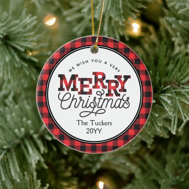MERRY Christmas Buffalo Plaid Photo Christmas Ceramic Ornament (Tree)
