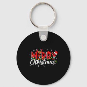Merry Christmas Buffalo Plaid Red Santa Family Mat Key Ring