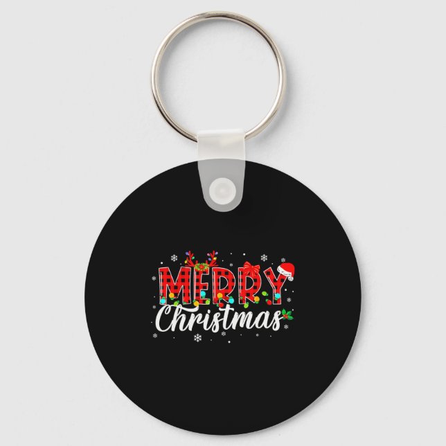 Merry Christmas Buffalo Plaid Red Santa Family Mat Key Ring (Front)