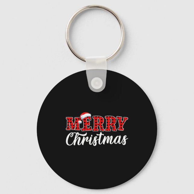 Merry Christmas Buffalo Plaid Red Santa Family Mat Key Ring (Front)