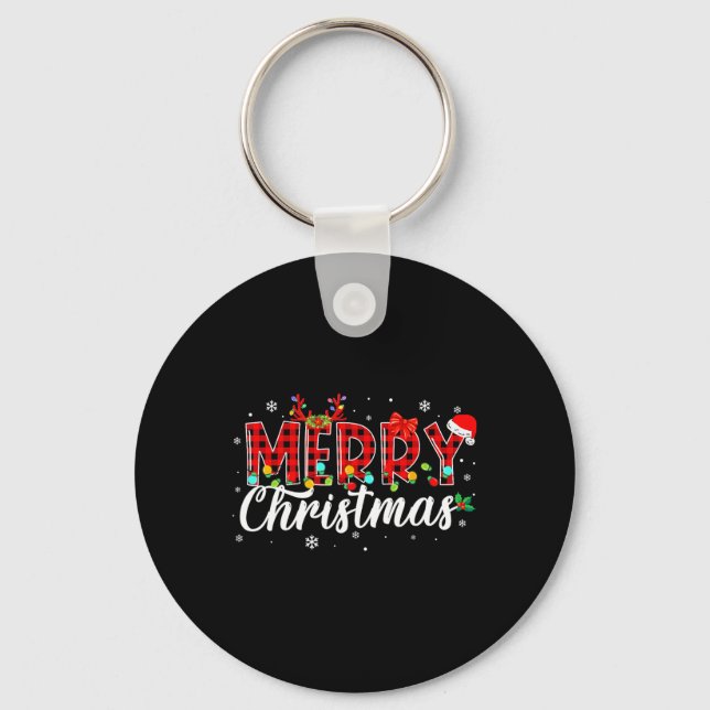 Merry Christmas Buffalo Plaid Red Santa Family Mat Key Ring (Front)