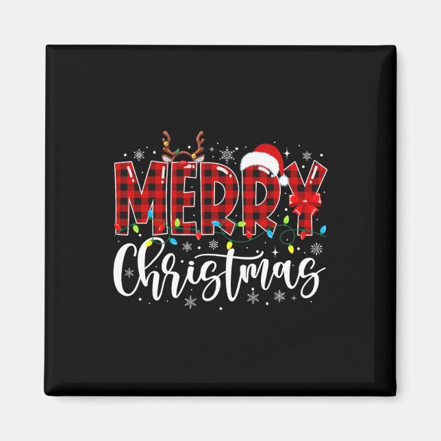 Merry Christmas Buffalo Plaid Red Santa Family Mat Magnet (Front)