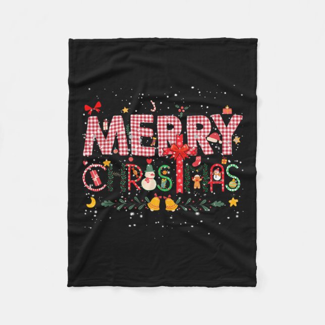 Merry Christmas Buffalo Plaid Red Santa Family Xma Fleece Blanket (Front)
