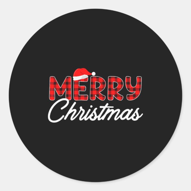 Merry Christmas Buffalo Plaid Red Santa Hat  Classic Round Sticker (Front)