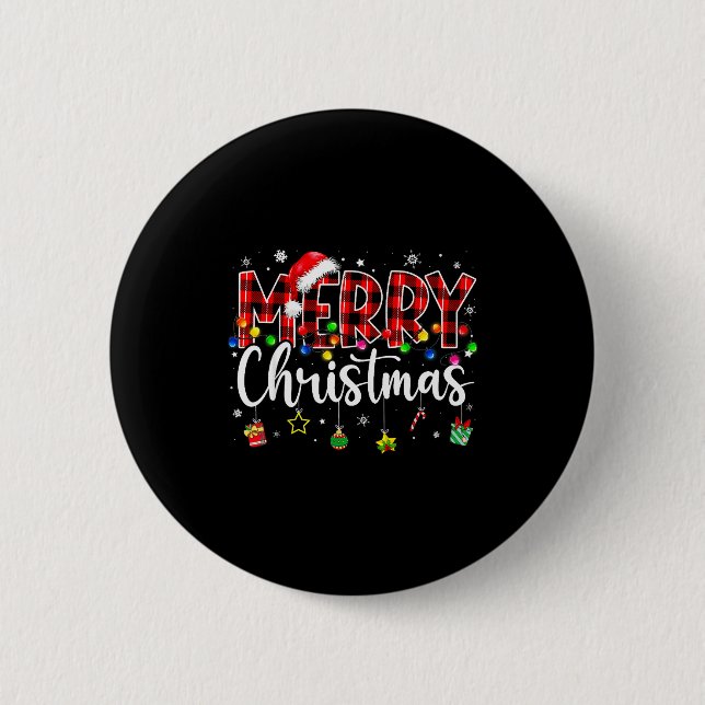 Merry Christmas Buffalo Plaid Red Santa Hat Xmas P 6 Cm Round Badge (Front)