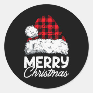 Merry Christmas Buffalo Plaid Red Santa Hat Xmas P Classic Round Sticker