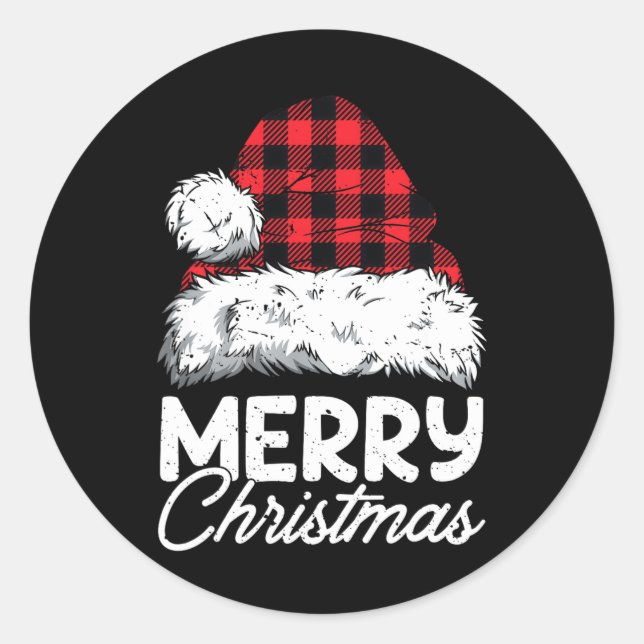 Merry Christmas Buffalo Plaid Red Santa Hat Xmas P Classic Round Sticker (Front)