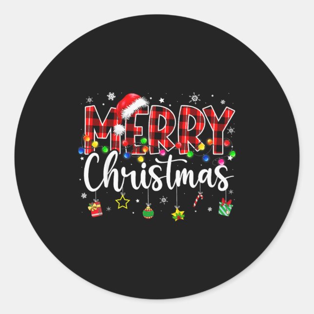 Merry Christmas Buffalo Plaid Red Santa Hat Xmas P Classic Round Sticker (Front)