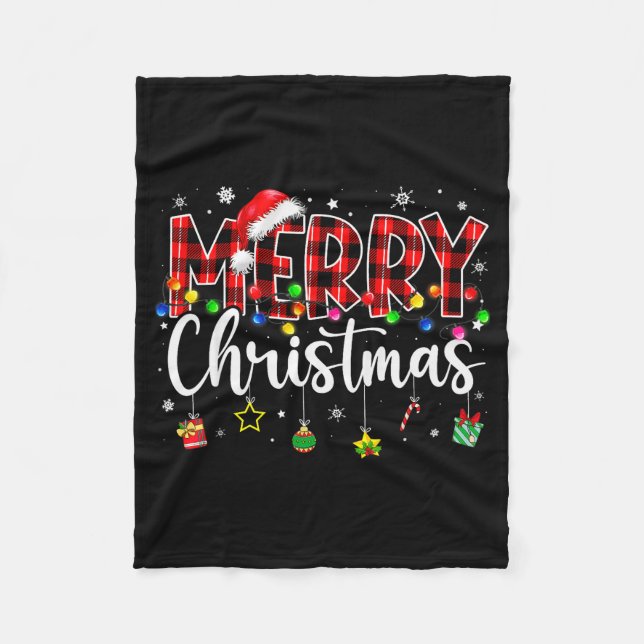 Merry Christmas Buffalo Plaid Red Santa Hat Xmas P Fleece Blanket (Front)