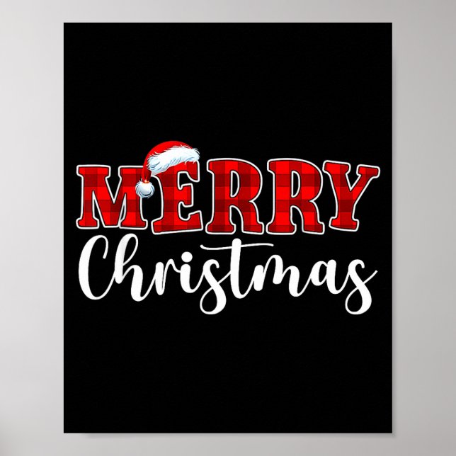 Merry Christmas Buffalo Plaid Red Santa Hat Xmas P Poster (Front)