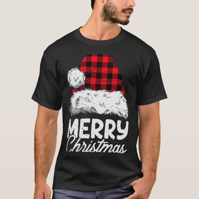 Merry Christmas Buffalo Plaid Red Santa Hat Xmas P T-Shirt (Front)