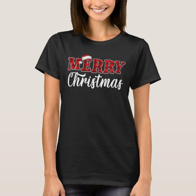Merry Christmas Buffalo Plaid Red Santa Hat Xmas P T-Shirt (Front)
