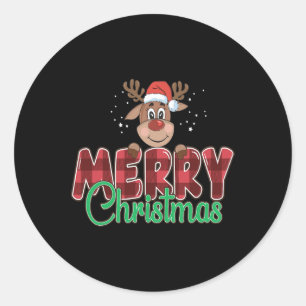 Merry Christmas Buffalo Plaid Red Santa Reindeer X Classic Round Sticker