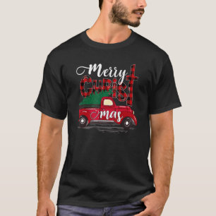 Merry Christmas Buffalo Plaid Red Truck Christian T-Shirt