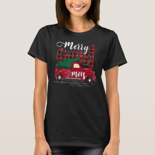 Merry Christmas Buffalo Plaid Red Truck Christian T-Shirt