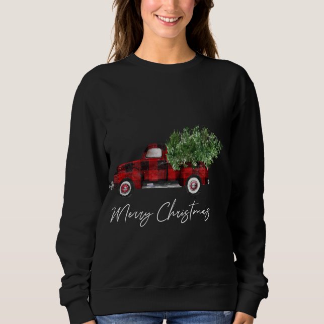 Merry Christmas Buffalo Plaid Red Truck Tree Sweatshirt (Front)