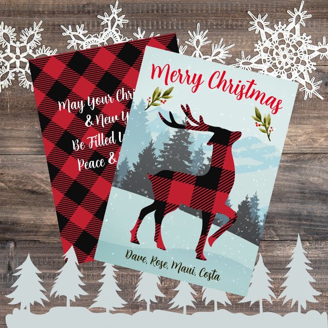 Merry Christmas Buffalo Plaid Reindeer And Trees Holiday Card (Merry Christmas Buffalo Plaid Reindeer And Trees Holiday Card)