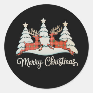 Merry Christmas Buffalo Plaid Reindeer Xmas Tree Classic Round Sticker