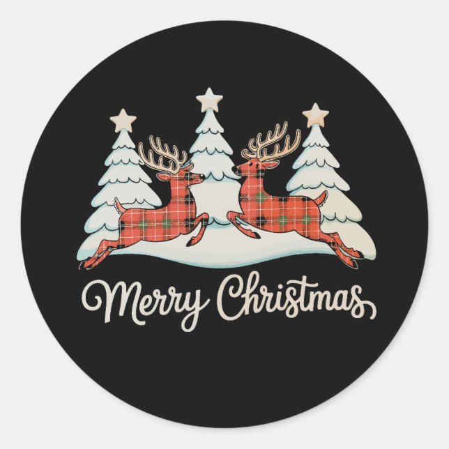 Merry Christmas Buffalo Plaid Reindeer Xmas Tree Classic Round Sticker (Front)