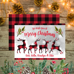 Merry Christmas Buffalo Plaid Reindeers Holiday Card