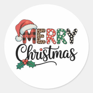 Merry Christmas Buffalo Plaid Santa Hat Love Xmas Classic Round Sticker