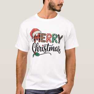 Merry Christmas Buffalo Plaid Santa Hat Love Xmas T-Shirt
