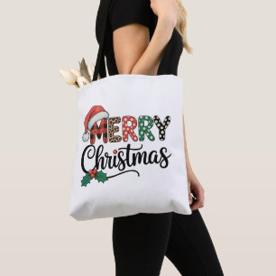 Merry Christmas Buffalo Plaid Santa Hat Love Xmas Tote Bag