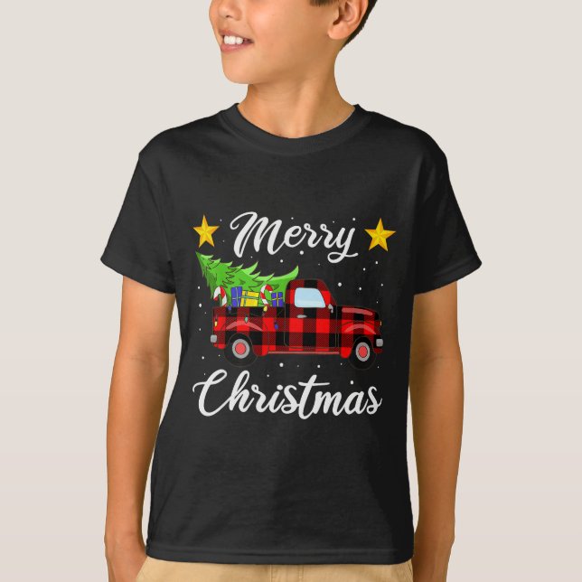 Merry Christmas Buffalo Plaid Shirt, Red Truck Tre T-Shirt (Front)