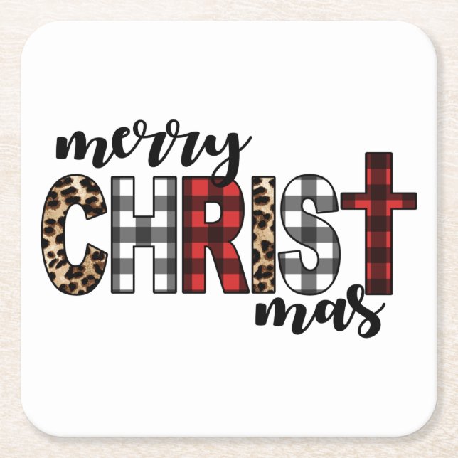 Merry CHRISTmas Buffalo Plaid Square Paper Coaster (Front)