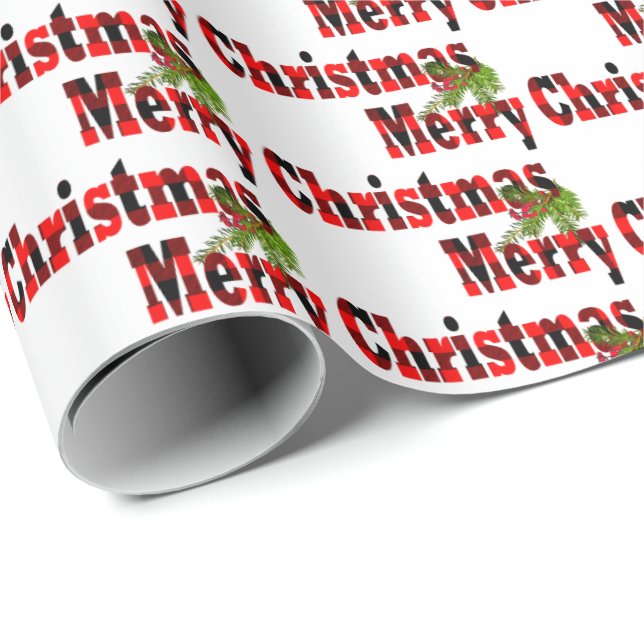 Merry Christmas buffalo plaid text Wrapping Paper (Roll Corner)