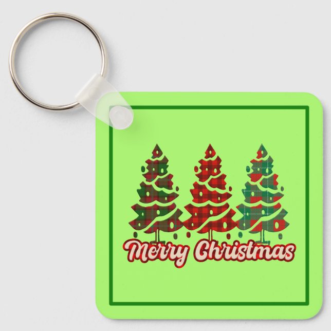 Merry Christmas Buffalo Plaid Trees Design-42019 Key Ring (Front)