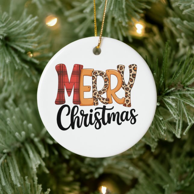 Merry Christmas Buffalo Red Plaid Cheetah Leopard Ceramic Ornament (Tree)