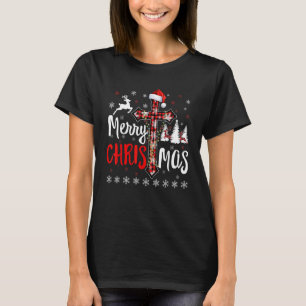 Merry Christmas Buffalo Red Plaid Cross Christian T-Shirt