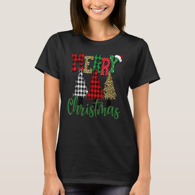 Merry Christmas Buffalo Red Plaid Leopard Trees T-Shirt (Front)