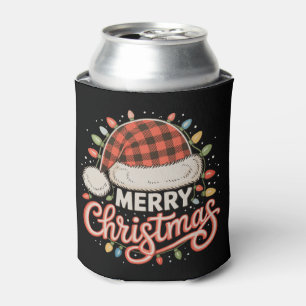 Merry Christmas Buffalo Red Plaid Santa Hat Xmas Can Cooler