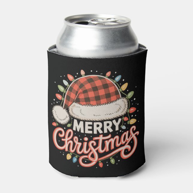 Merry Christmas Buffalo Red Plaid Santa Hat Xmas Can Cooler (Can Front)