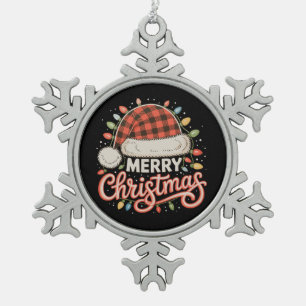 Merry Christmas Buffalo Red Plaid Santa Hat Xmas Snowflake Pewter Christmas Ornament
