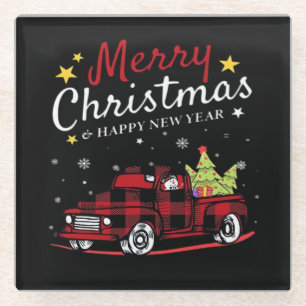 Merry Christmas Buffalo Truck Snowman Tree Red Pla Glass Coaster