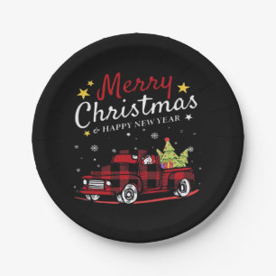 Merry Christmas Buffalo Truck Snowman Tree Red Pla Paper Plate