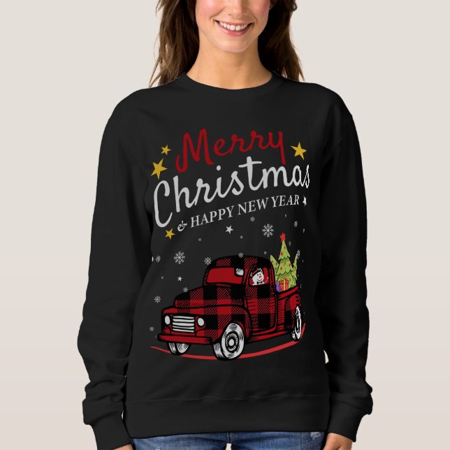 Merry Christmas Buffalo Truck Snowman Tree Red Pla Sweatshirt (Front)